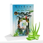 liveco aloe vera powder box for hair and skin care placed near fresh plant