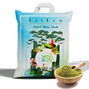 liveco natural henna powder for mehndi design placed near bowl of pure mehandi powder