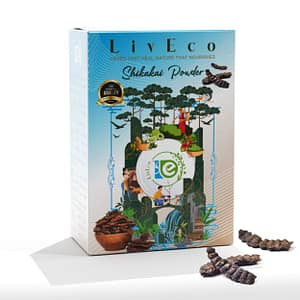 liveco shikakai powder box placed near raw whole shikakai